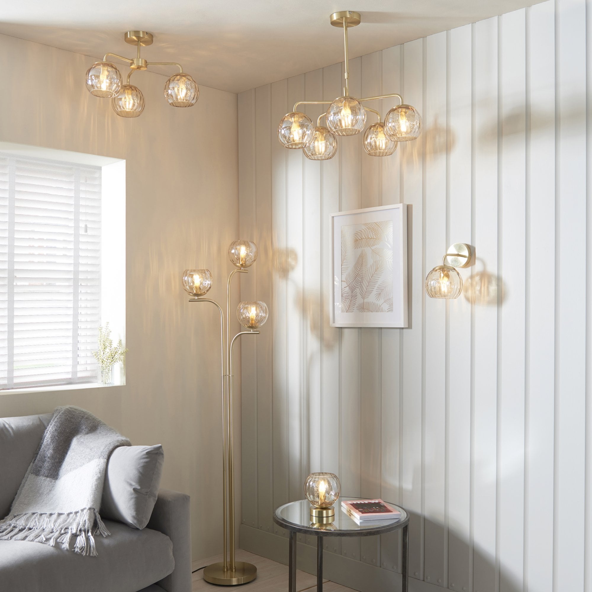 91968 Dimple 3 Light Semi Flush Ceiling Light Brass Champagne