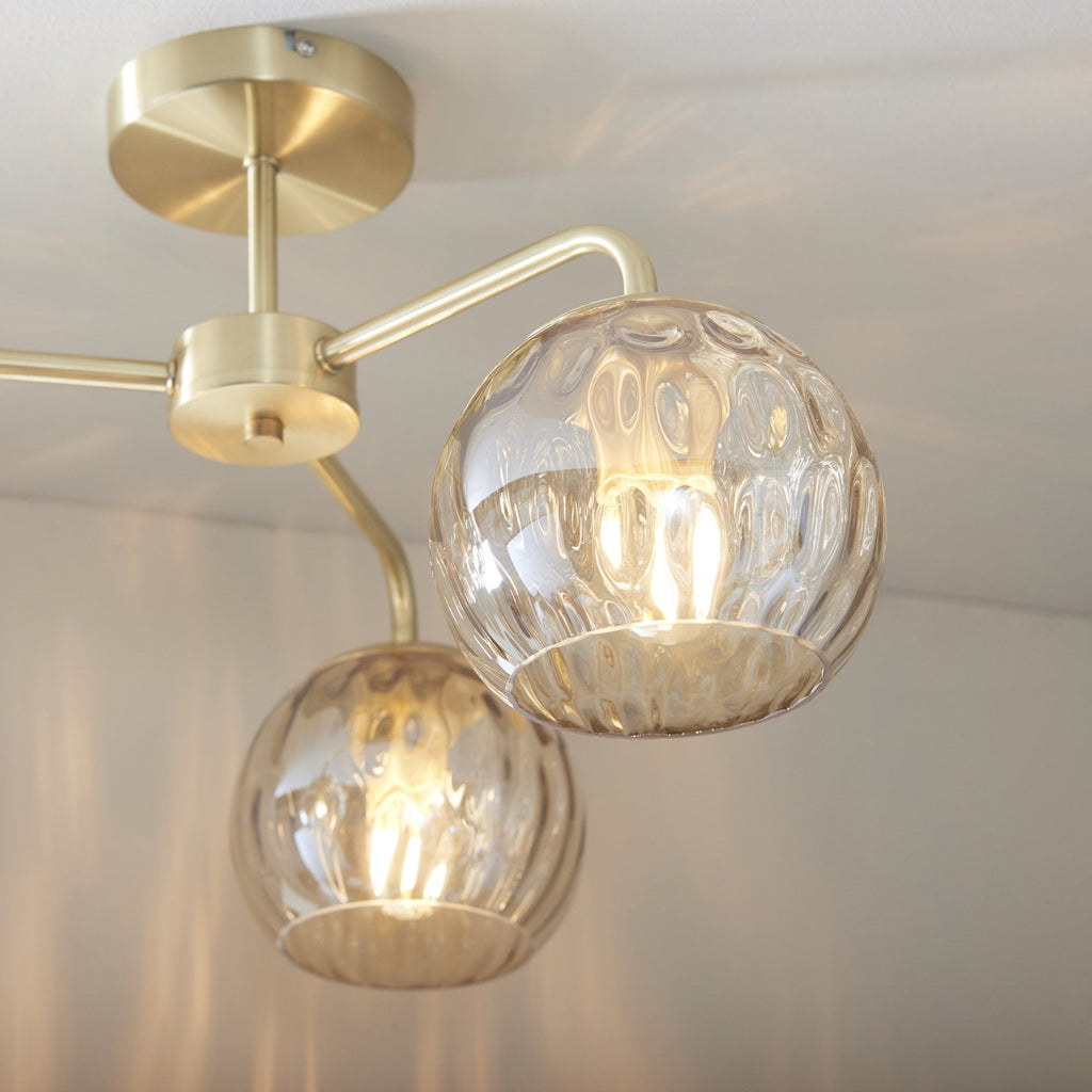 91968 Dimple 3 Light Semi Flush Ceiling Light Brass Champagne