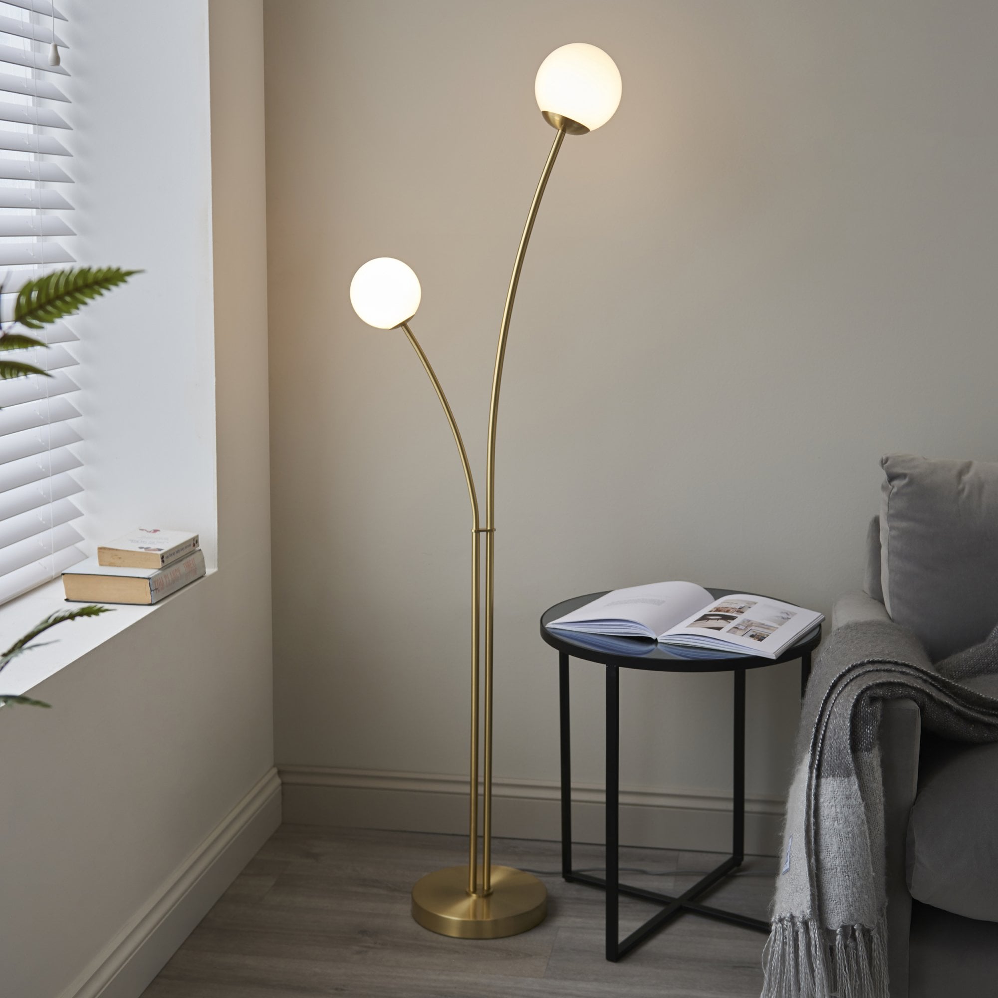 92219 Bloom 2 Light Floor Lamp Brass Opal