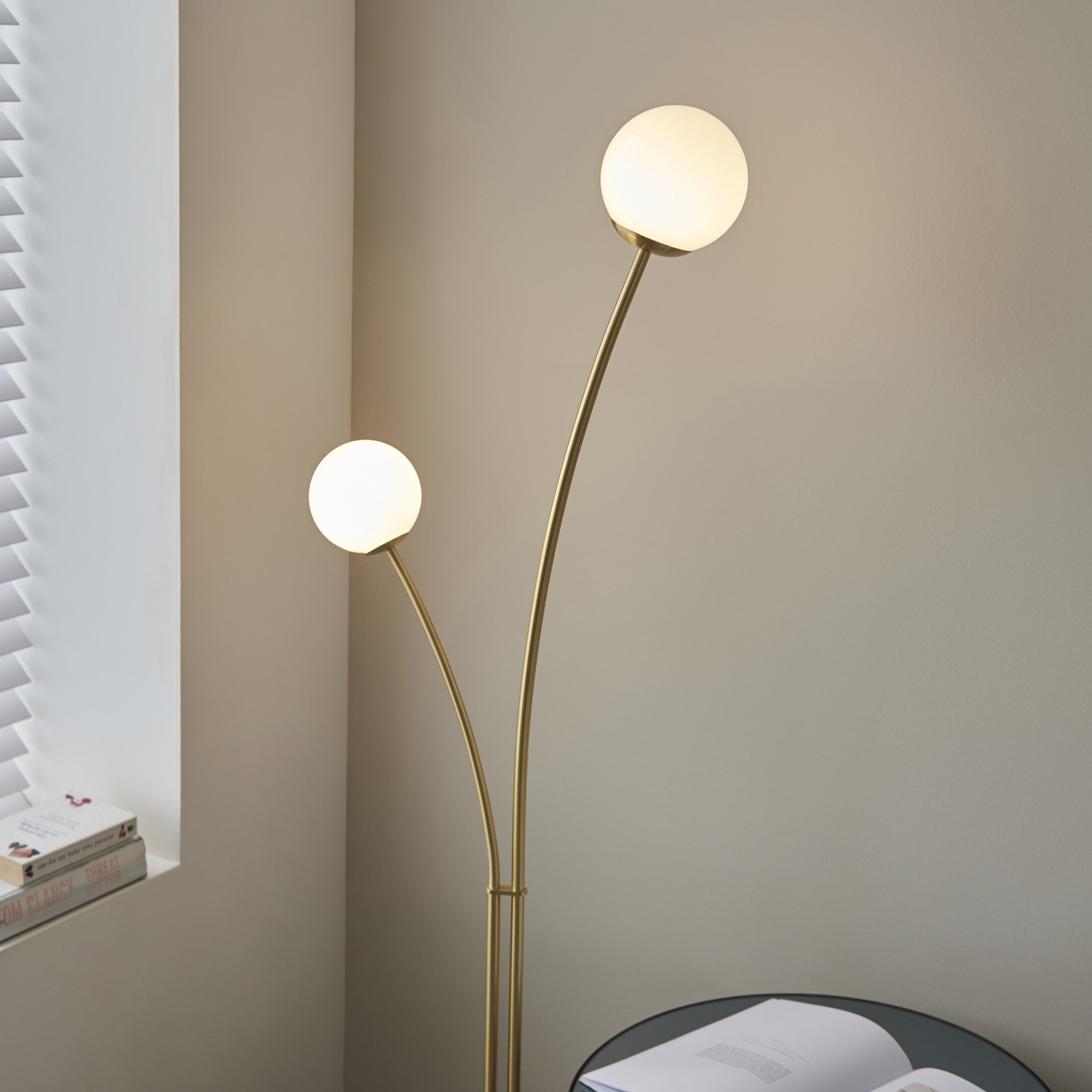 92219 Bloom 2 Light Floor Lamp Brass Opal