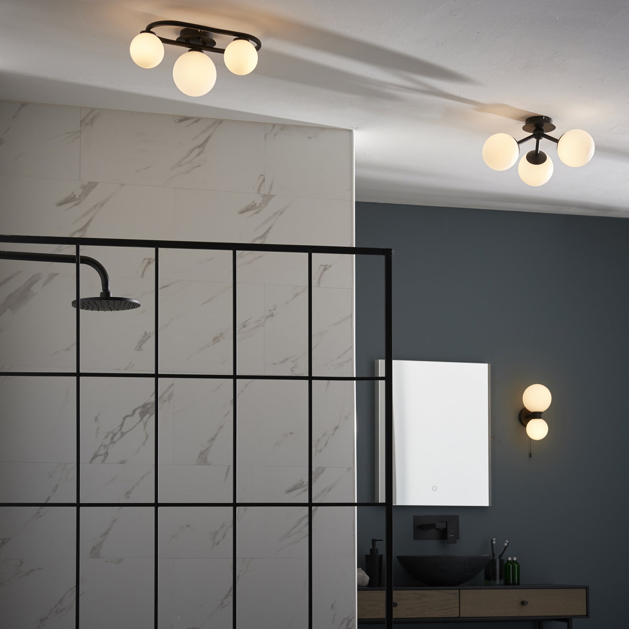 93524 Pulsa 3 Light Bathroom Semi Flush Ceiling Light Black White