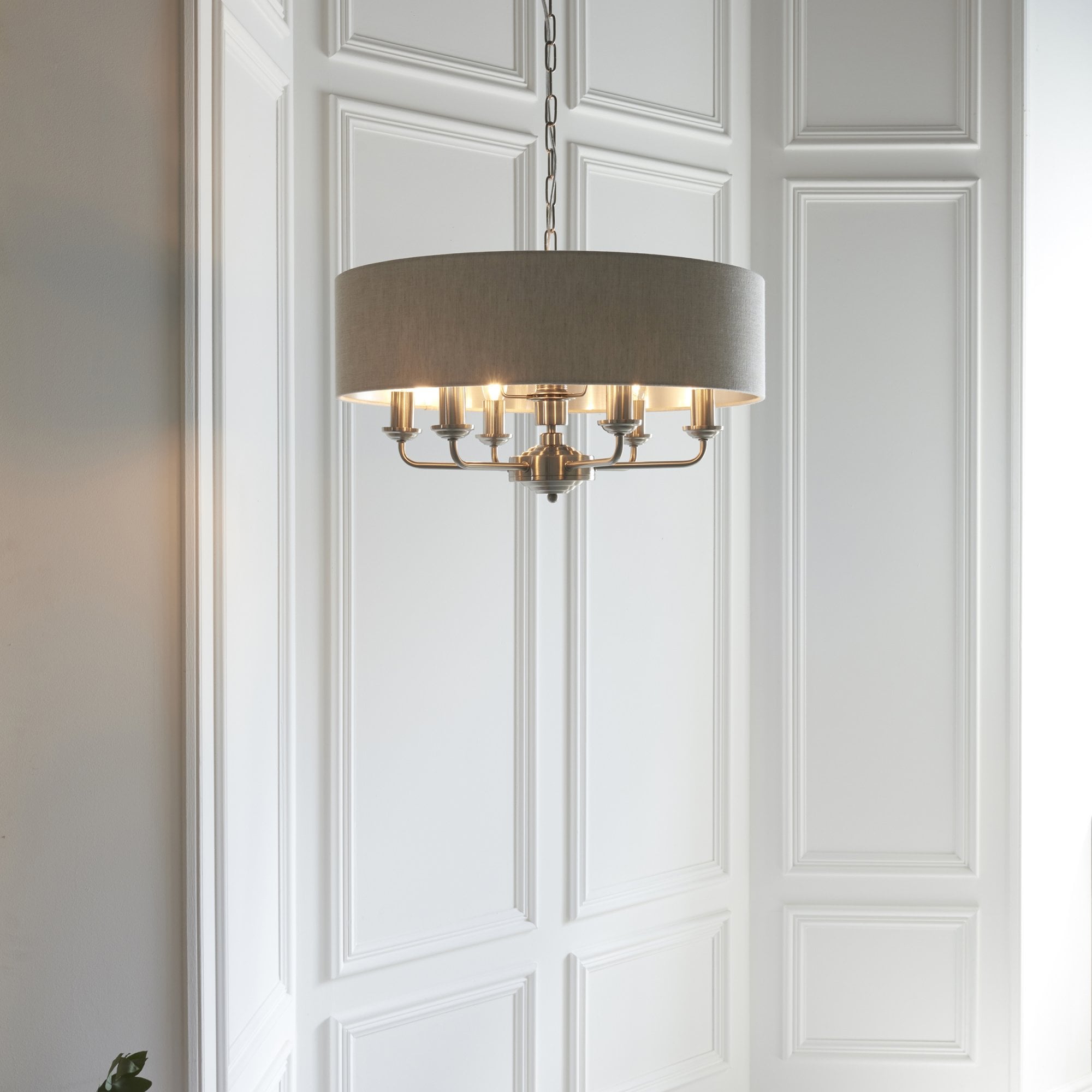 94357 Highclere 6 Light Pendant Chrome Linen