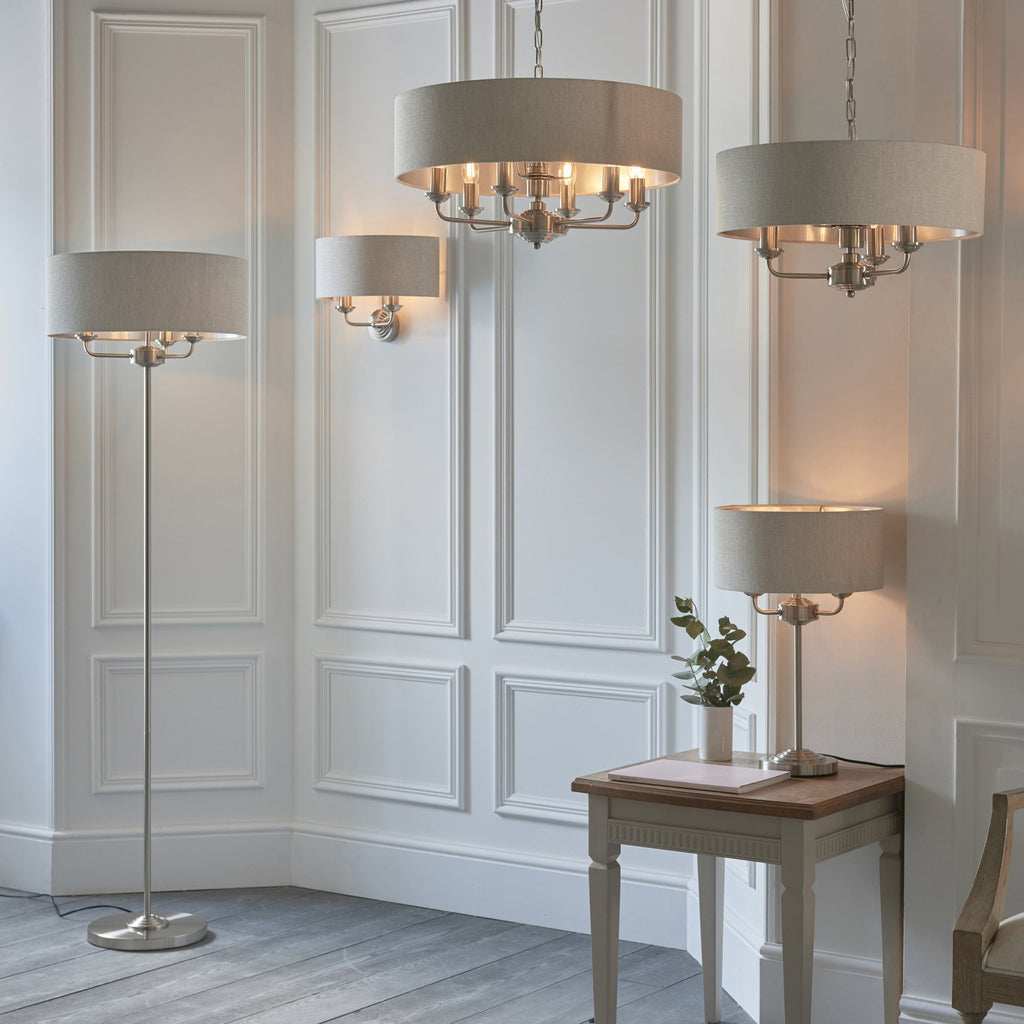 94359 Highclere 3 Light Floor Lamp Chrome Linen