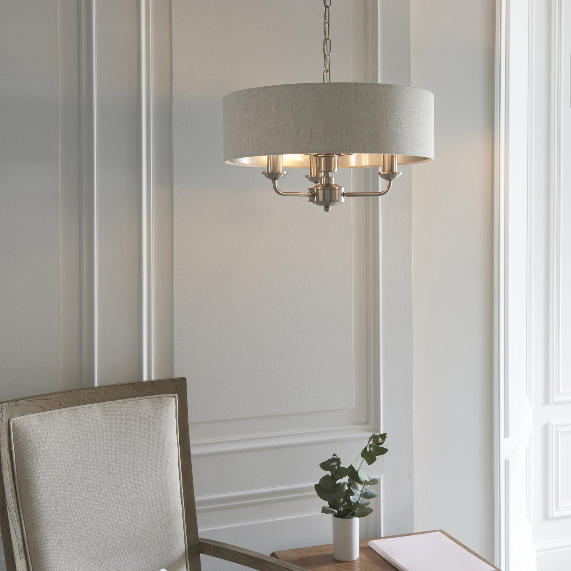 94361 Highclere 3 Light Pendant Chrome Linen