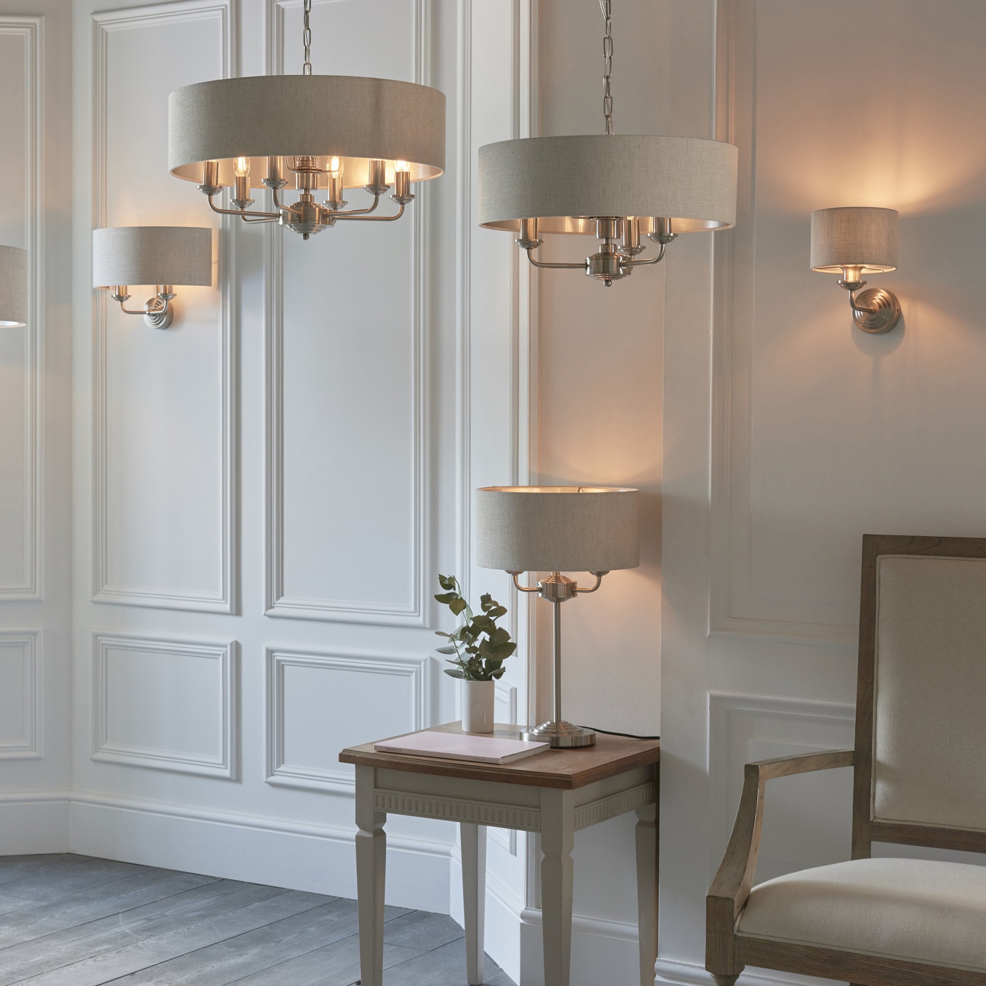94361 Highclere 3 Light Pendant Chrome Linen