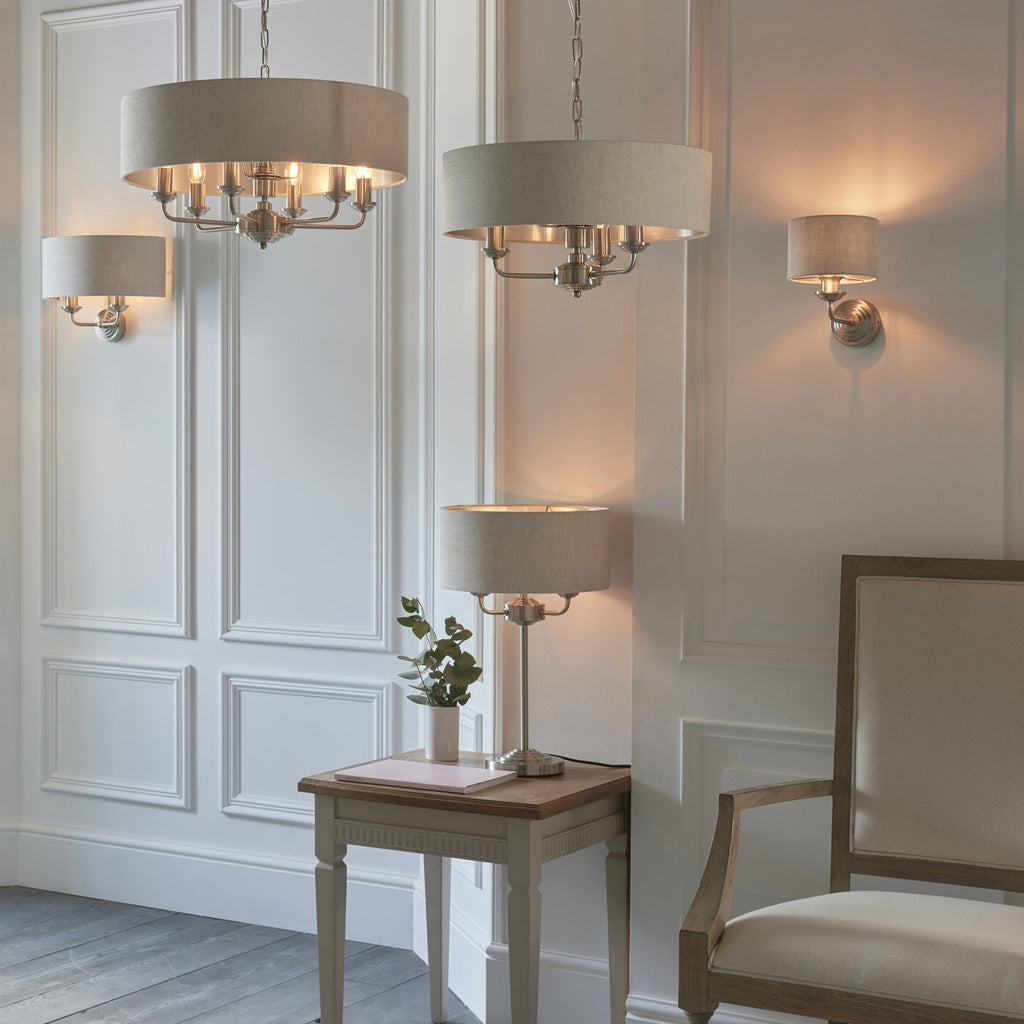 94369 Highclere 3 Light Table Lamp Chrome Linen