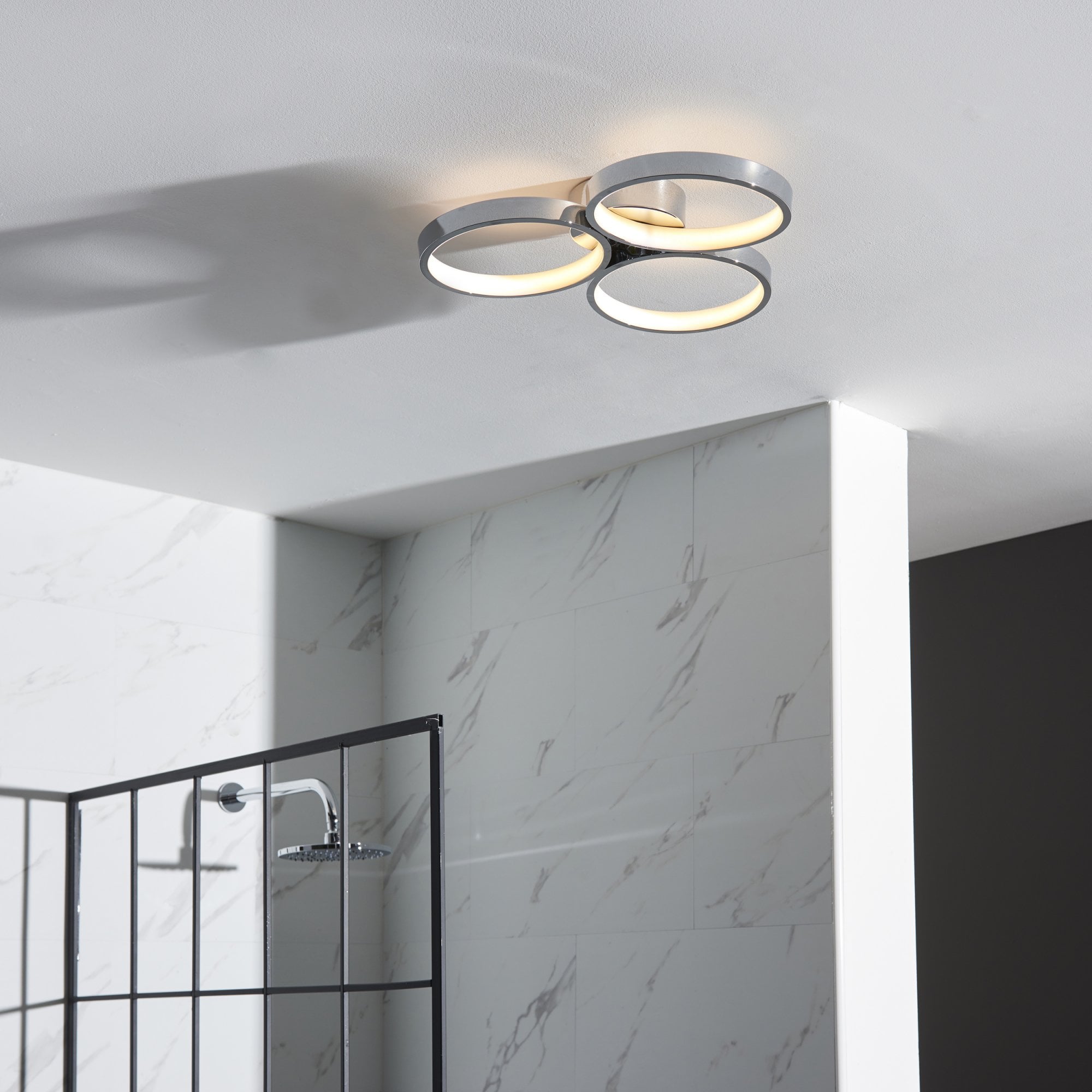 96473 Radius LED 3 Light Bathroom Semi Flush Ceiling Light Chrome White