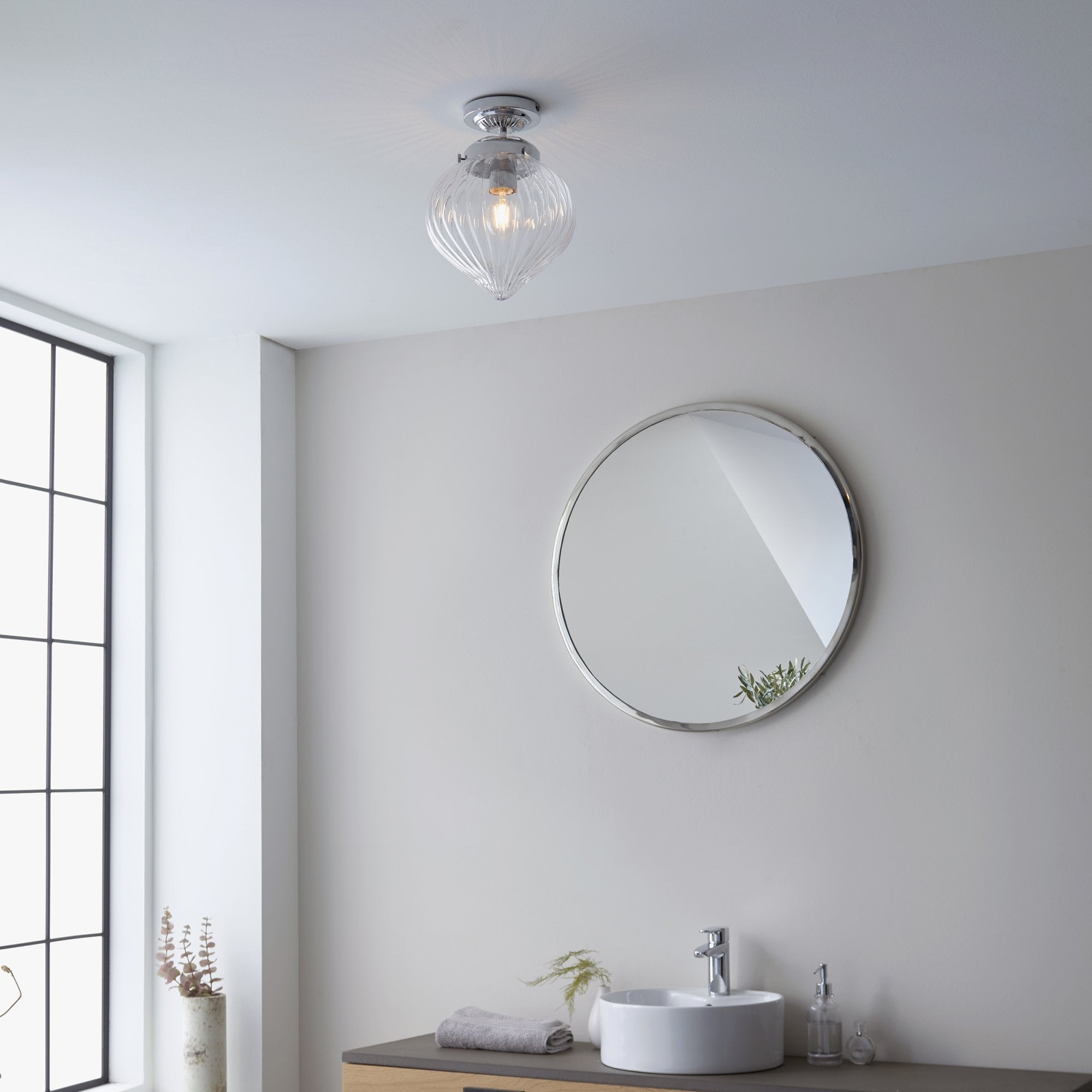 96489 Cheston 1 Light Bathroom Flush Ceiling Light Chrome Clear