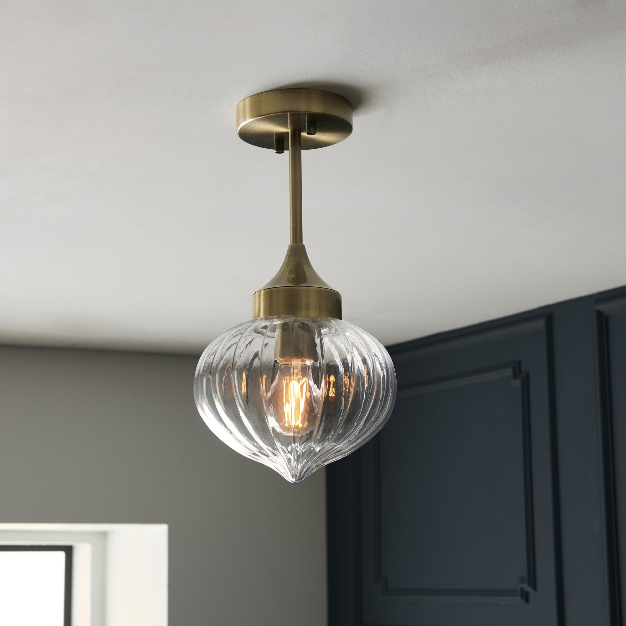 97684 Addington 1 Light Semi Flush Ceiling Light Brass Clear