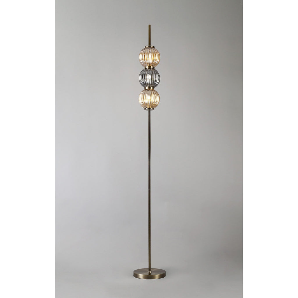 NL82199 Farro 3 Light Floor Lamp Antique Brass/Smoked & Amber Glass