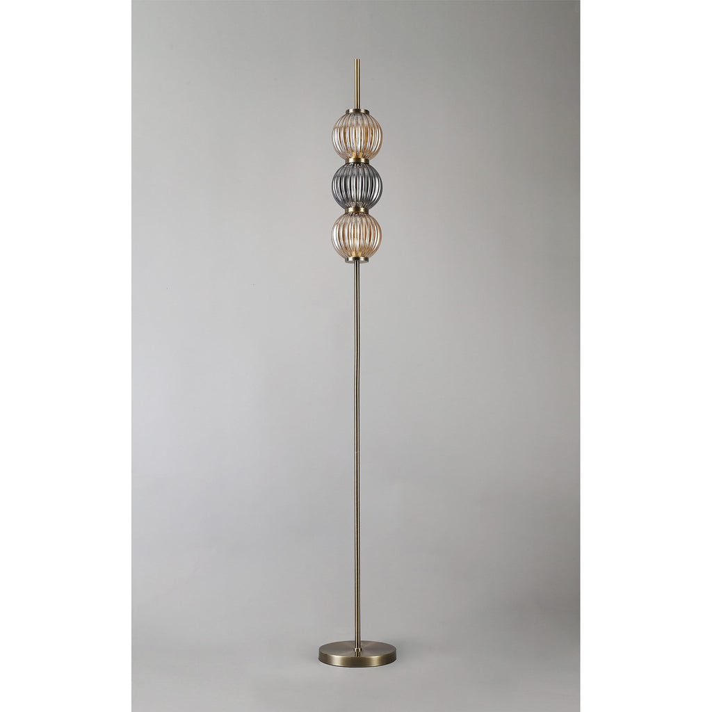NL82199 Farro 3 Light Floor Lamp Antique Brass/Smoked & Amber Glass