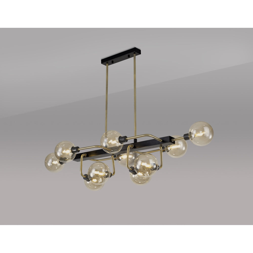 NL82969 Dublin Fixed Pendant Ceiling 10 Light Matt Black/Antique Brass/Cognac Glass