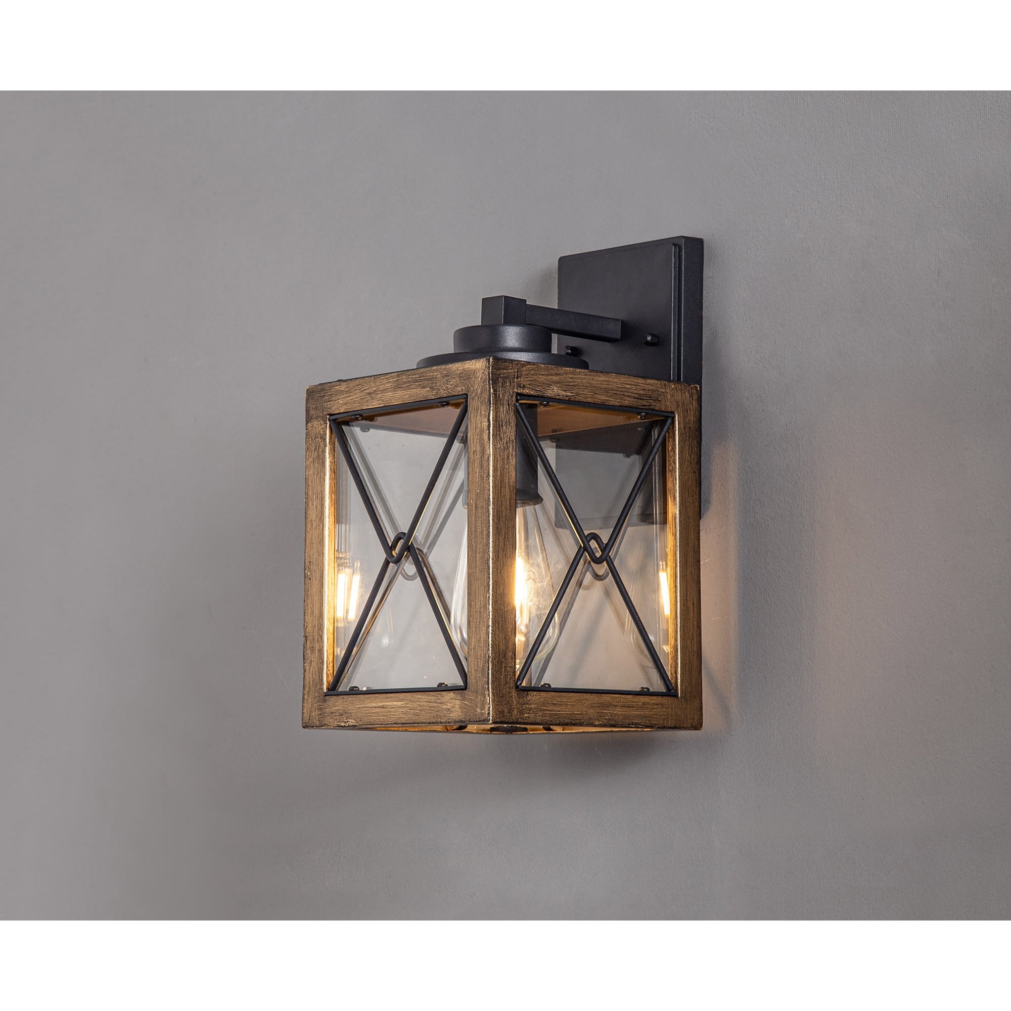 NL83719 Rowley Outdoor Small Wall Lamp Wood Effect & Black/Clear Glass