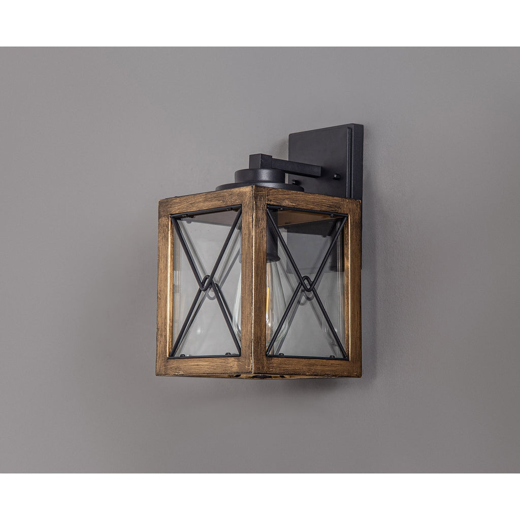 NL83719 Rowley Outdoor Small Wall Lamp Wood Effect & Black/Clear Glass