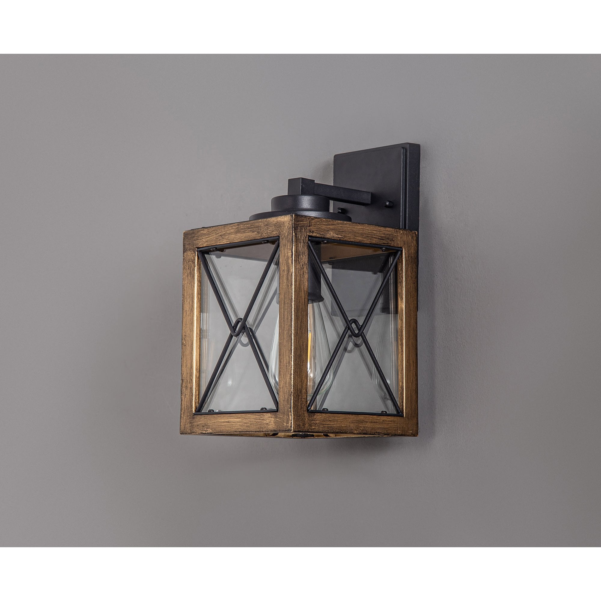 NL83719 Rowley Outdoor Small Wall Lamp Wood Effect & Black/Clear Glass