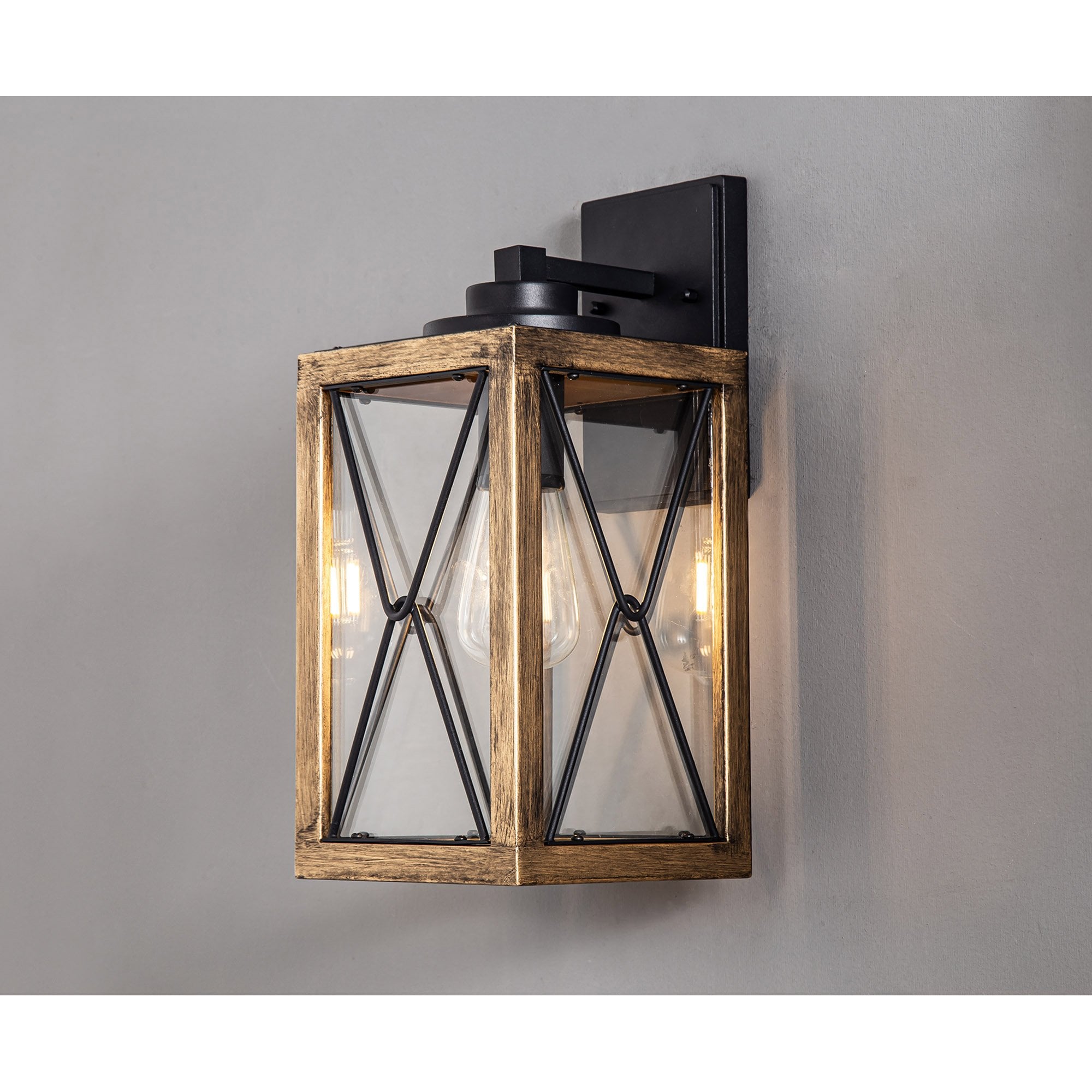 NL83729 Rowley Outdoor Large Wall Lamp Wood Effect & Black/Clear Glass
