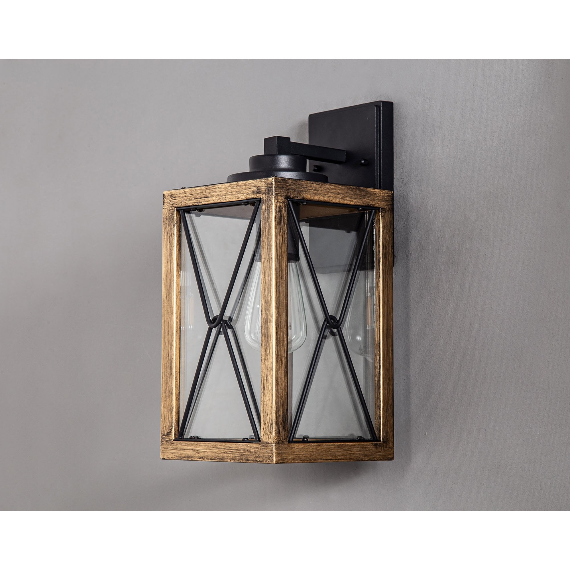 NL83729 Rowley Outdoor Large Wall Lamp Wood Effect & Black/Clear Glass
