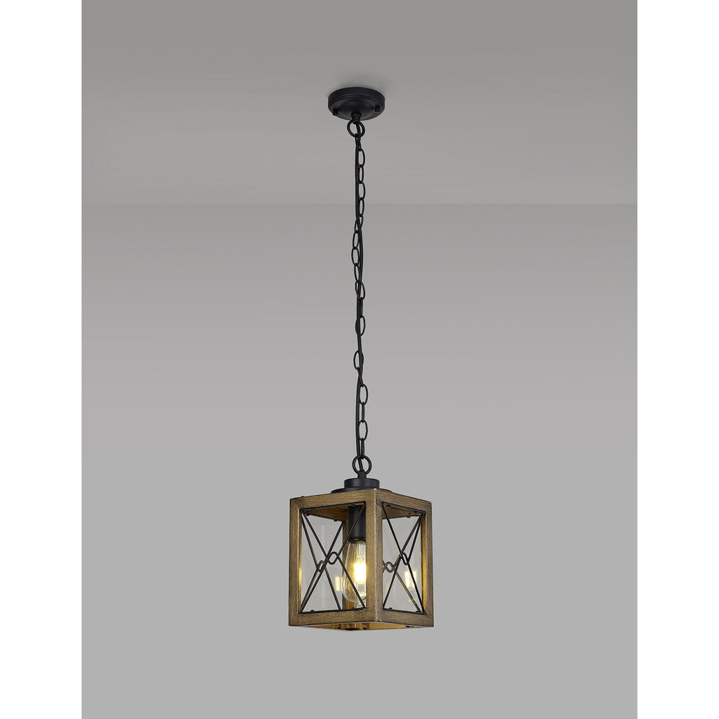 NL83739 Rowley Outdoor Pendant Wood Effect & Black/Clear Glass