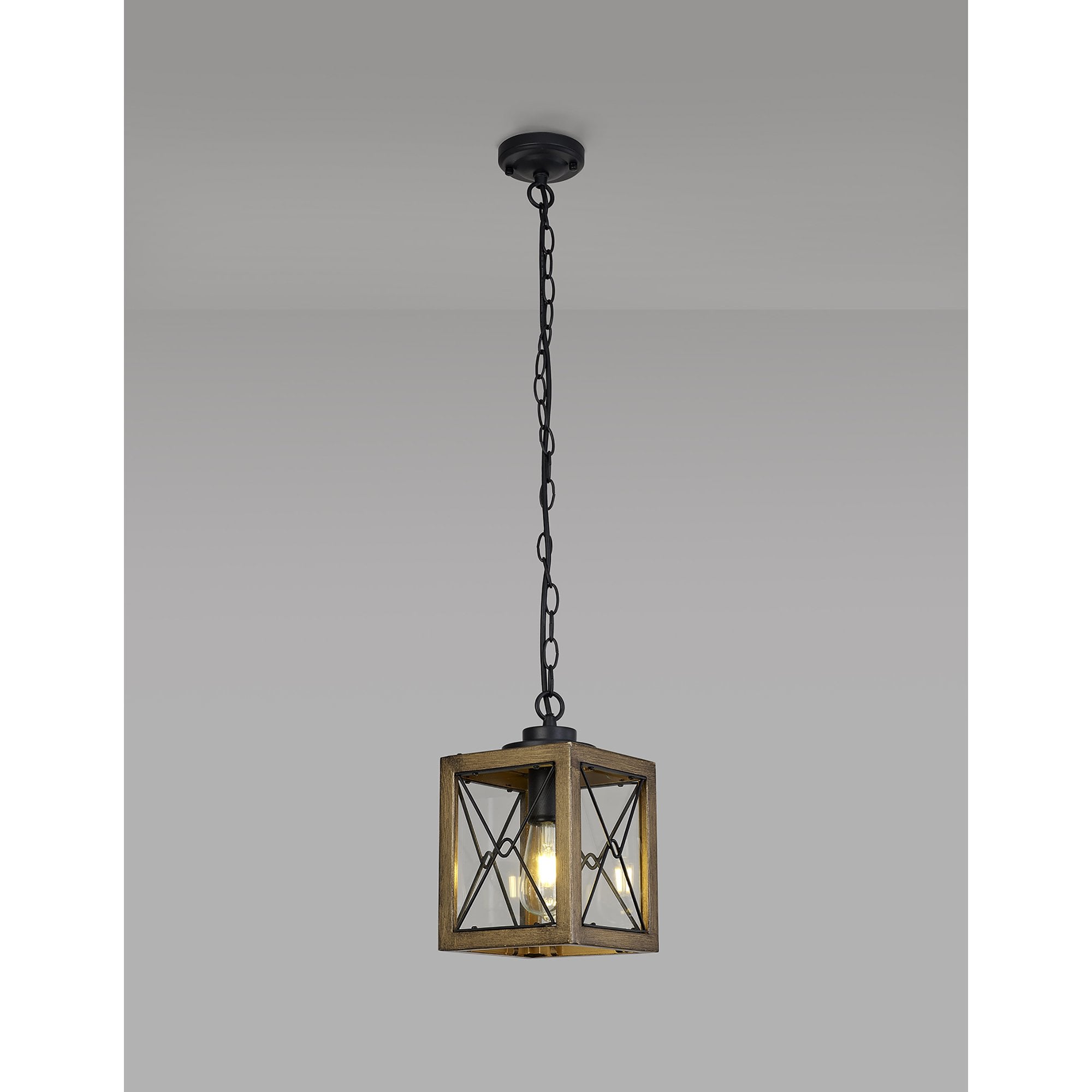 NL83739 Rowley Outdoor Pendant Wood Effect & Black/Clear Glass