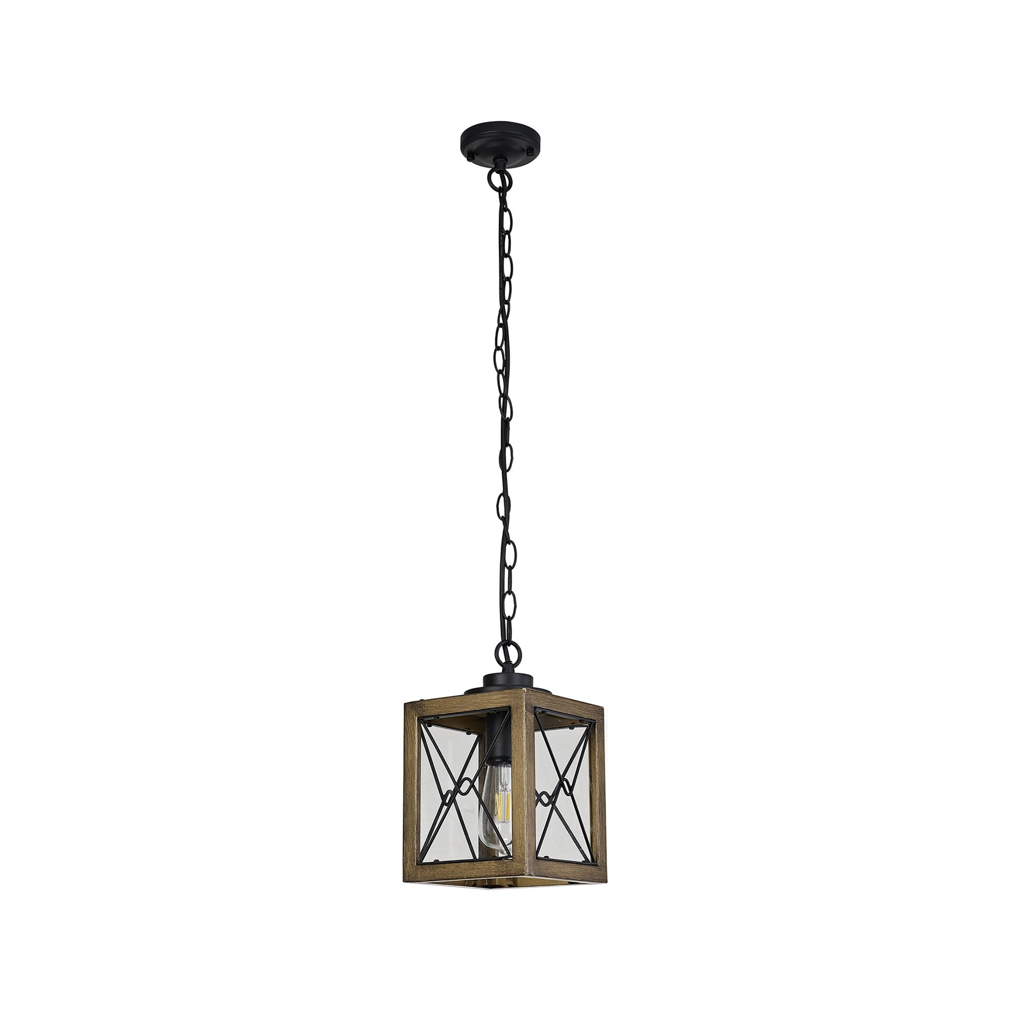 NL83739 Rowley Outdoor Pendant Wood Effect & Black/Clear Glass