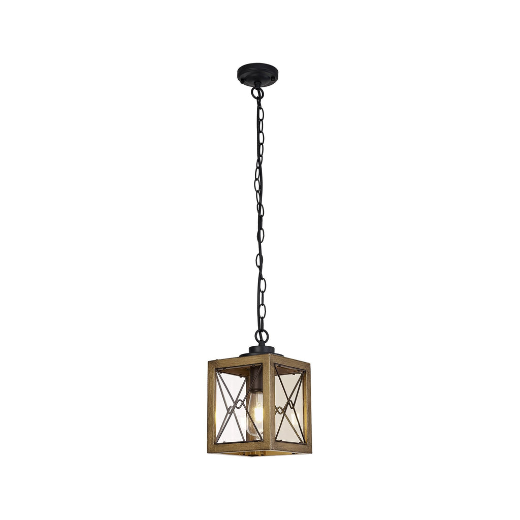 NL83739 Rowley Outdoor Pendant Wood Effect & Black/Clear Glass