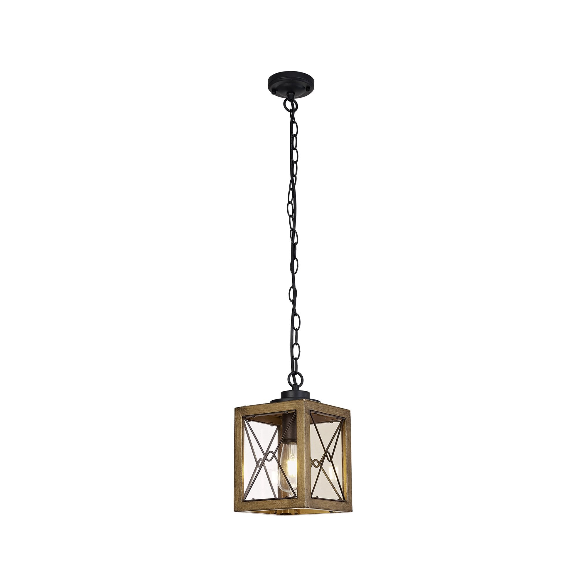 NL83739 Rowley Outdoor Pendant Wood Effect & Black/Clear Glass