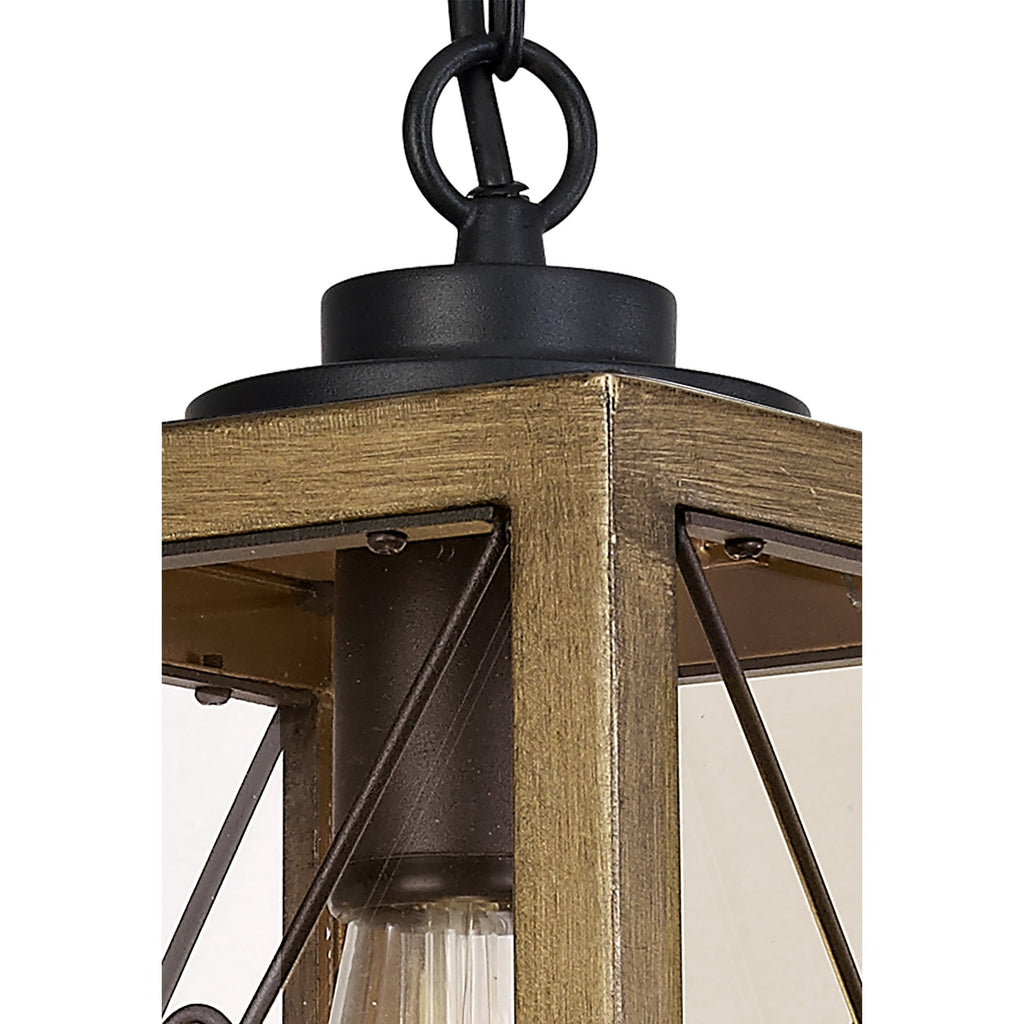 NL83739 Rowley Outdoor Pendant Wood Effect & Black/Clear Glass