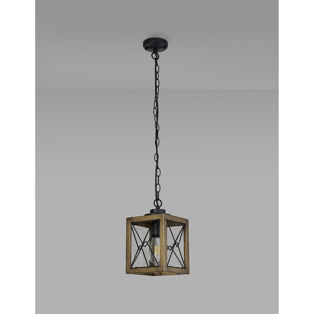 NL83739 Rowley Outdoor Pendant Wood Effect & Black/Clear Glass