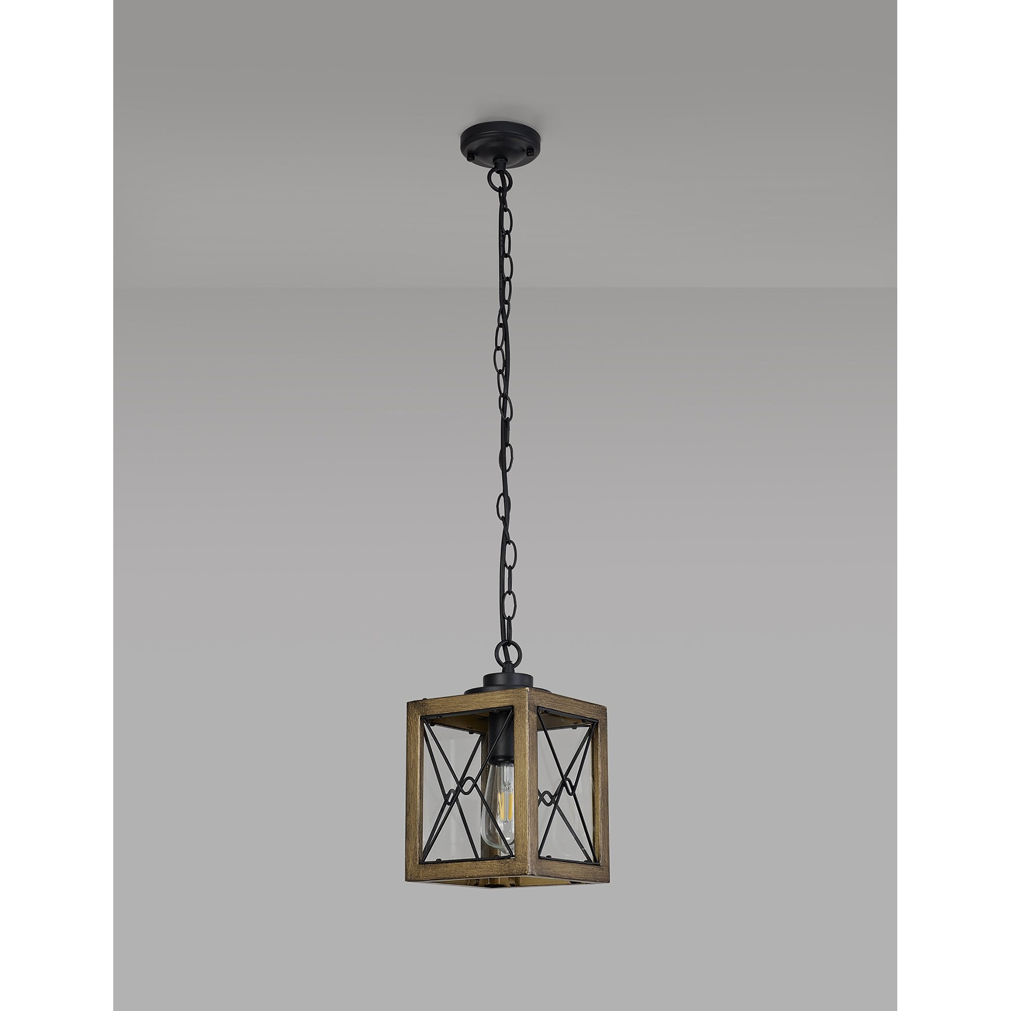 NL83739 Rowley Outdoor Pendant Wood Effect & Black/Clear Glass