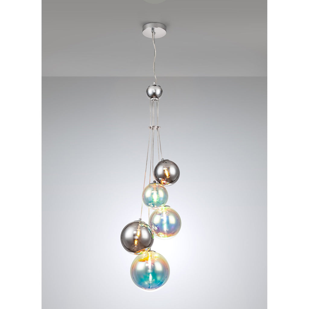 NL84279 Rome Pendant 5 Light Polished Chrome/Iridescent Glass