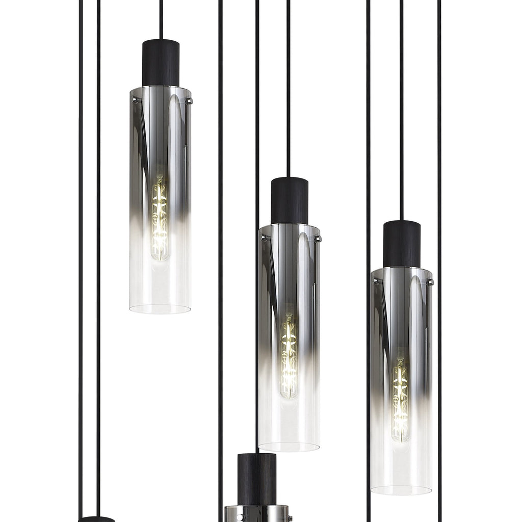 NL84919 Tokyo Slim Round Pendant 9 Light Adjustable Black/Smoke Fade Glass