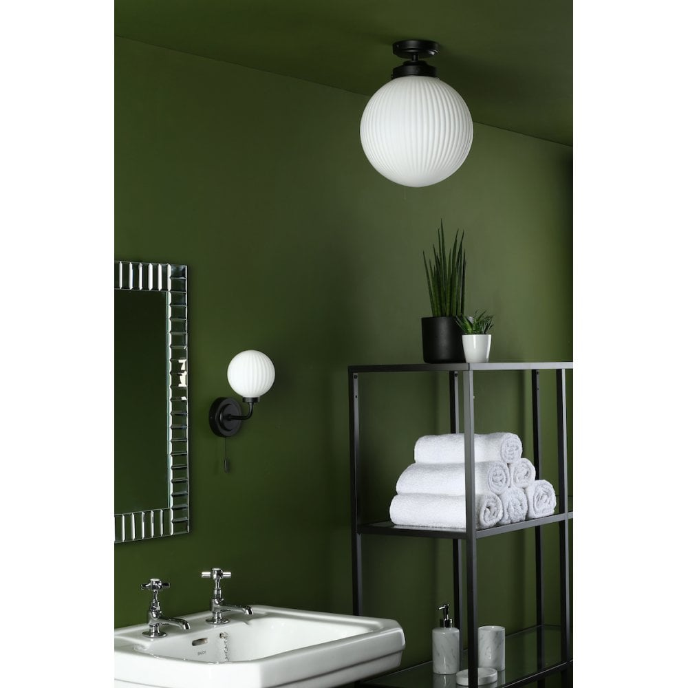 ALR0122 Alrik 1 Light Bathroom Flush Matt Black Opal Glass IP44