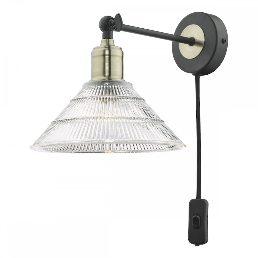 BOY0775 Boyd Single Wall Light Antique Brass And Matt Black With Ribbed Glass Shade - Plug In