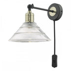 BOY0775 Boyd Single Wall Light Antique Brass And Matt Black With Ribbed Glass Shade - Plug In