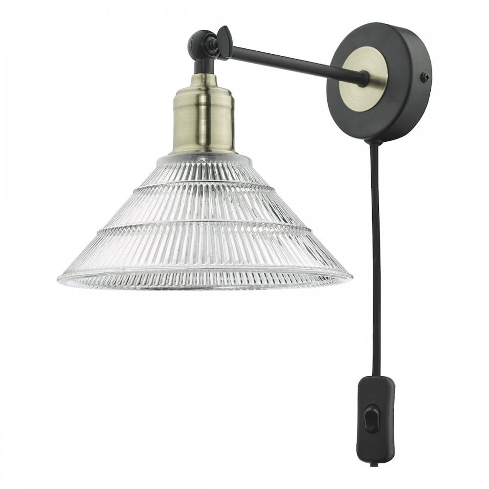 BOY0775 Boyd Single Wall Light Antique Brass And Matt Black With Ribbed Glass Shade - Plug In