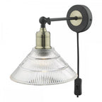 BOY0775 Boyd Single Wall Light Antique Brass And Matt Black With Ribbed Glass Shade - Plug In