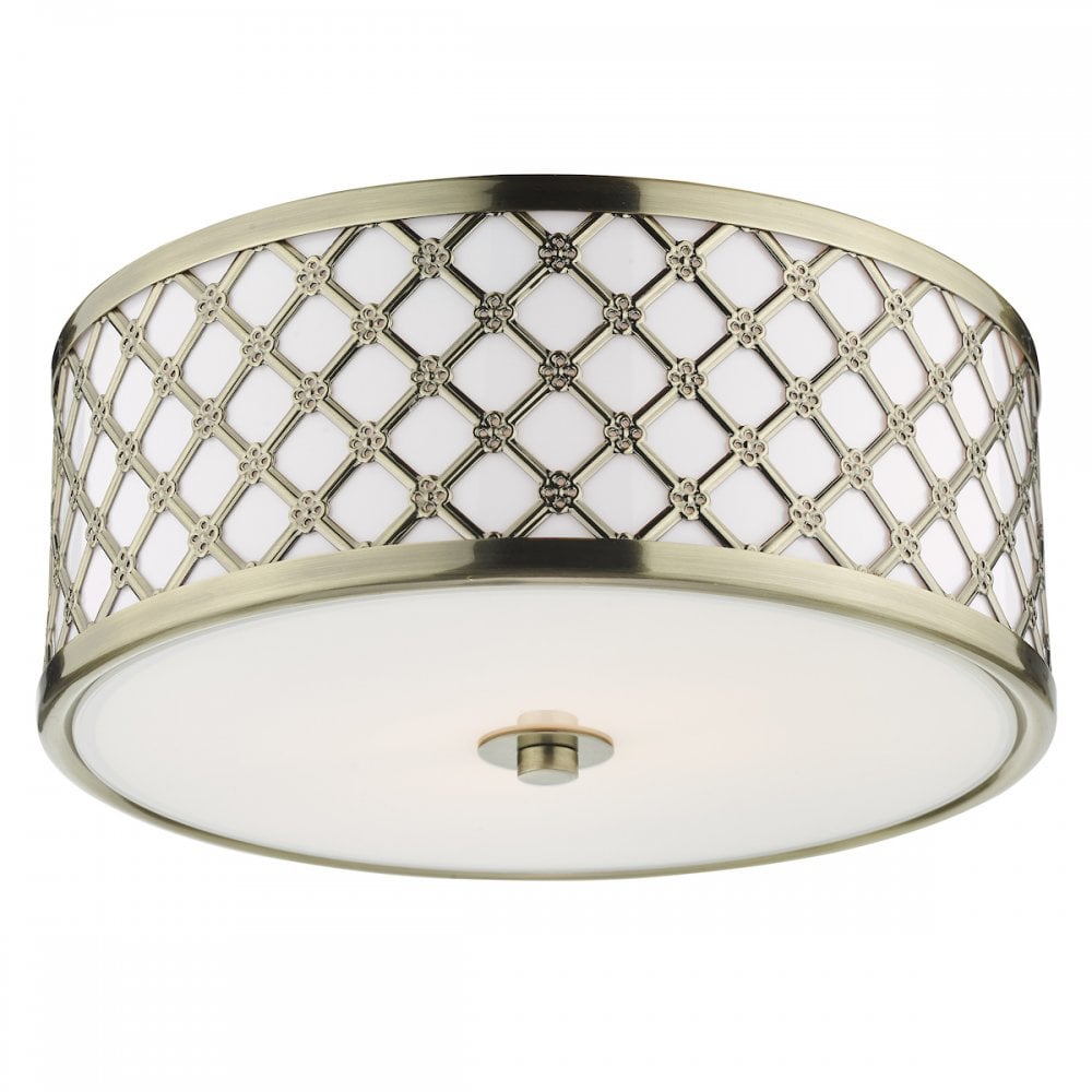 CIV5275 Civic Small 2 Light Flush Ceiling Light Antique Brass Frosted Glass