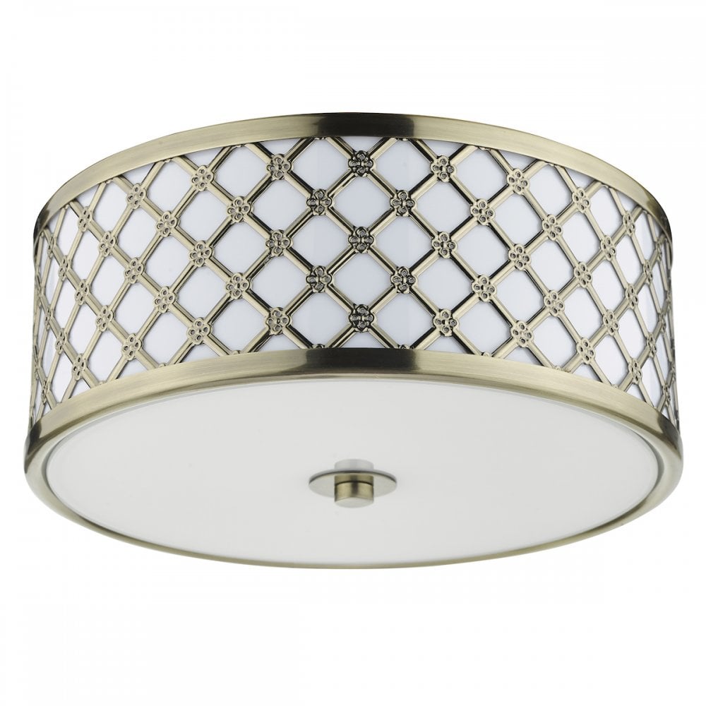 CIV5275 Civic Small 2 Light Flush Ceiling Light Antique Brass Frosted Glass