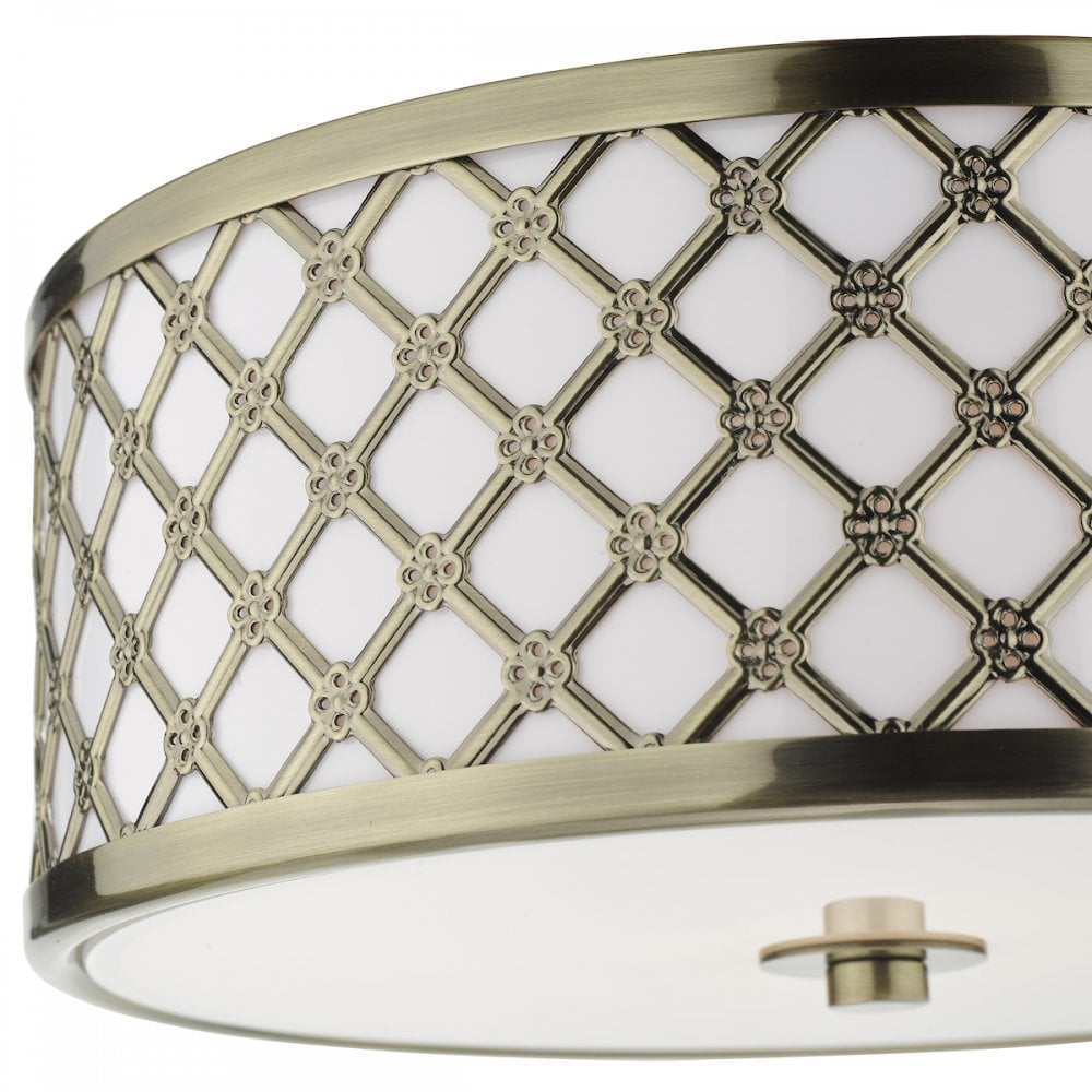 CIV5275 Civic Small 2 Light Flush Ceiling Light Antique Brass Frosted Glass