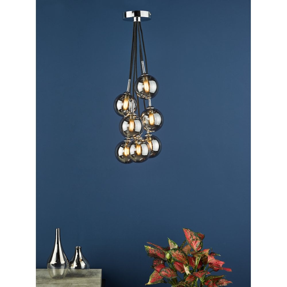 ELP342-01 Elpis 7 Light Cluster Pendant Polished Chrome Smoked Glass