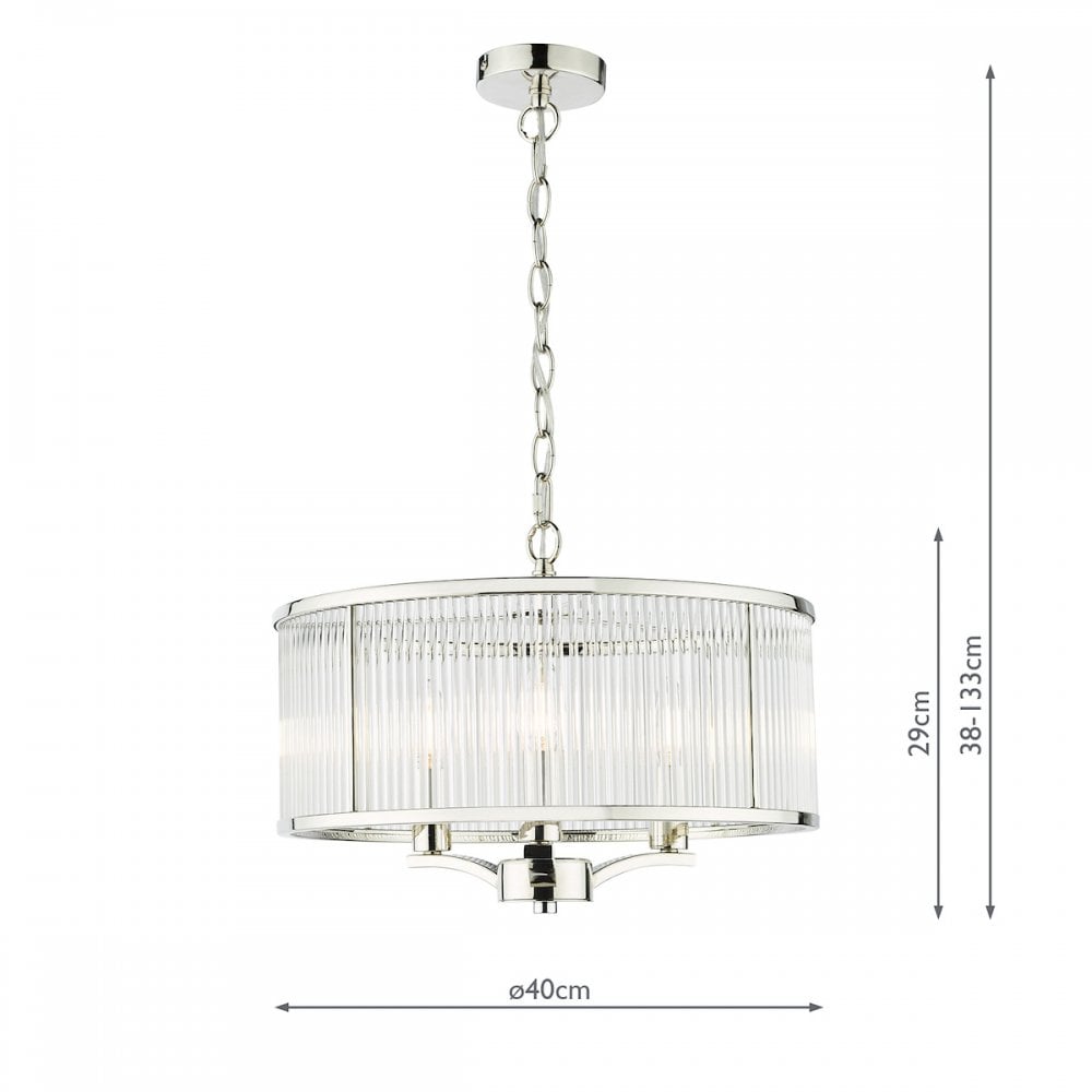 EVE0338 Eveyln 3 Light Pendant Polished Nickel Glass