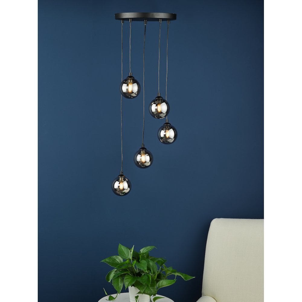 FED0522-01 Federico 5 Light Cluster Pendant Black Smoked Glass