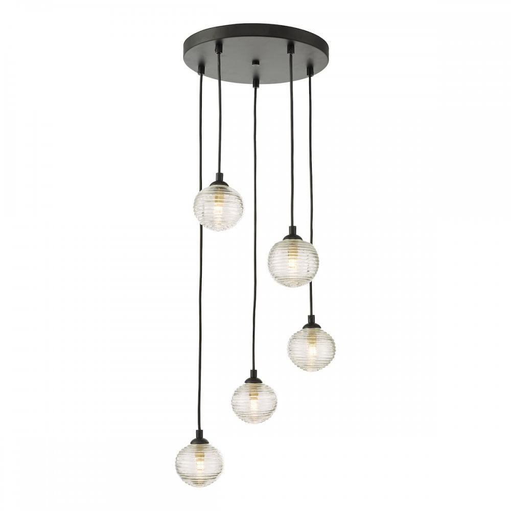 FED0522-08 Federico 5 Light Cluster Pendant Black Clear Ribbed Glass