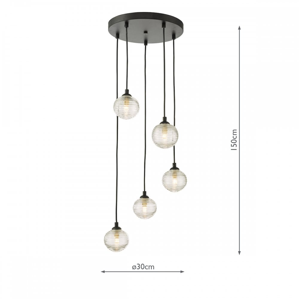 FED0522-08 Federico 5 Light Cluster Pendant Black Clear Ribbed Glass