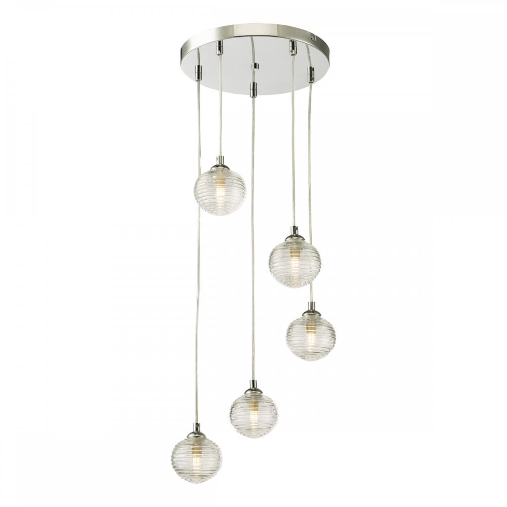 FED0550-08 Federico 5 Light Cluster Pendant Polished Chrome Clear Ribbed Glass