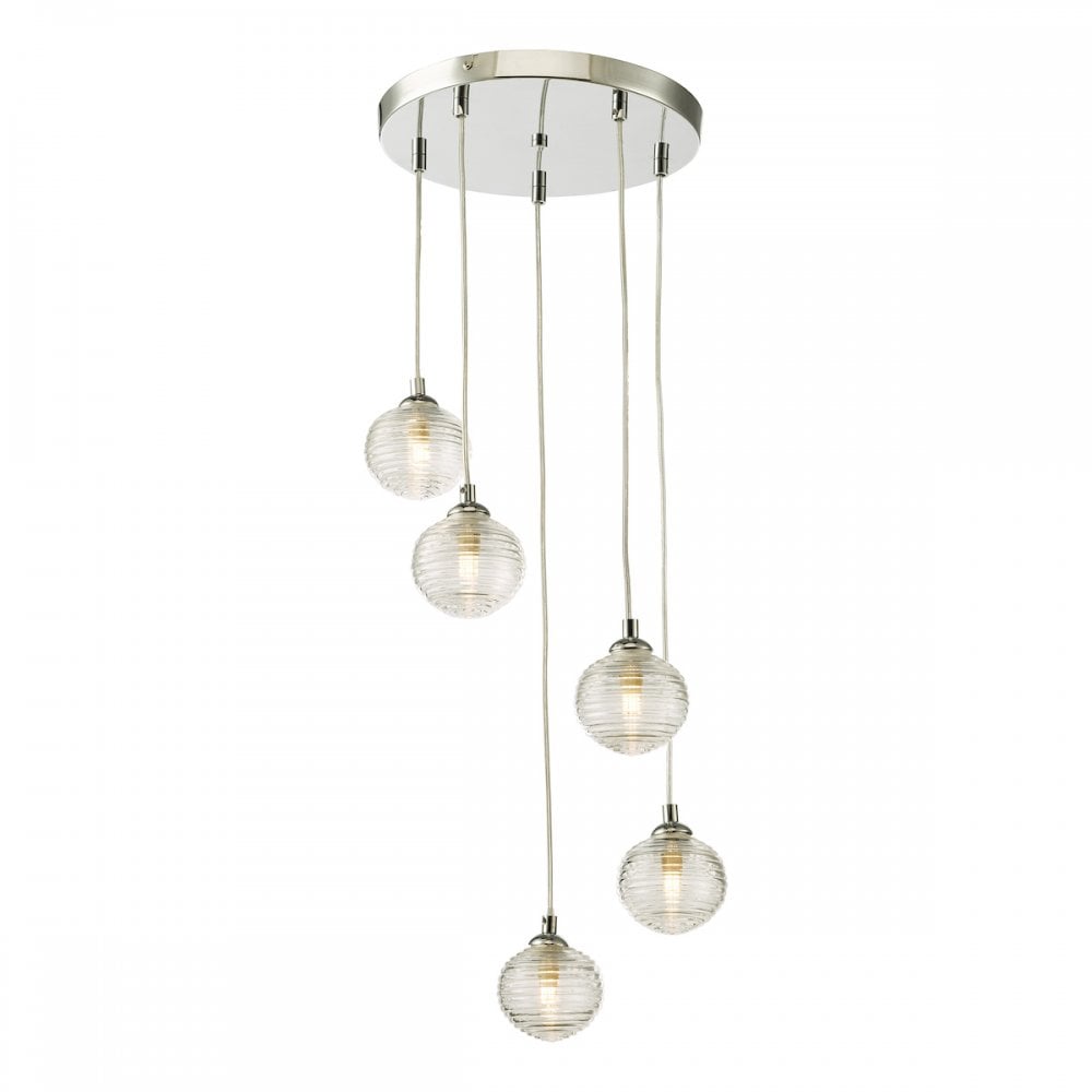 FED0550-08 Federico 5 Light Cluster Pendant Polished Chrome Clear Ribbed Glass