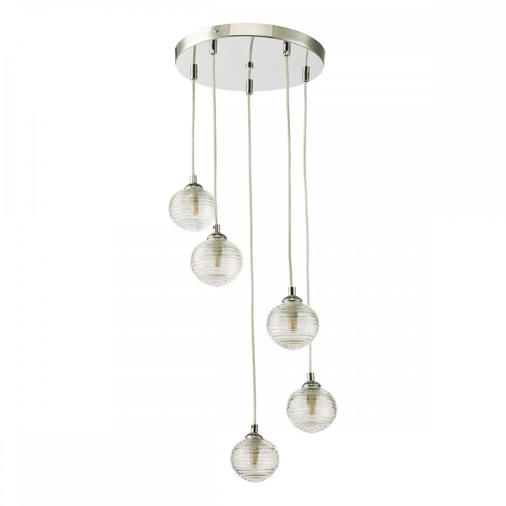 FED0550-08 Federico 5 Light Cluster Pendant Polished Chrome Clear Ribbed Glass