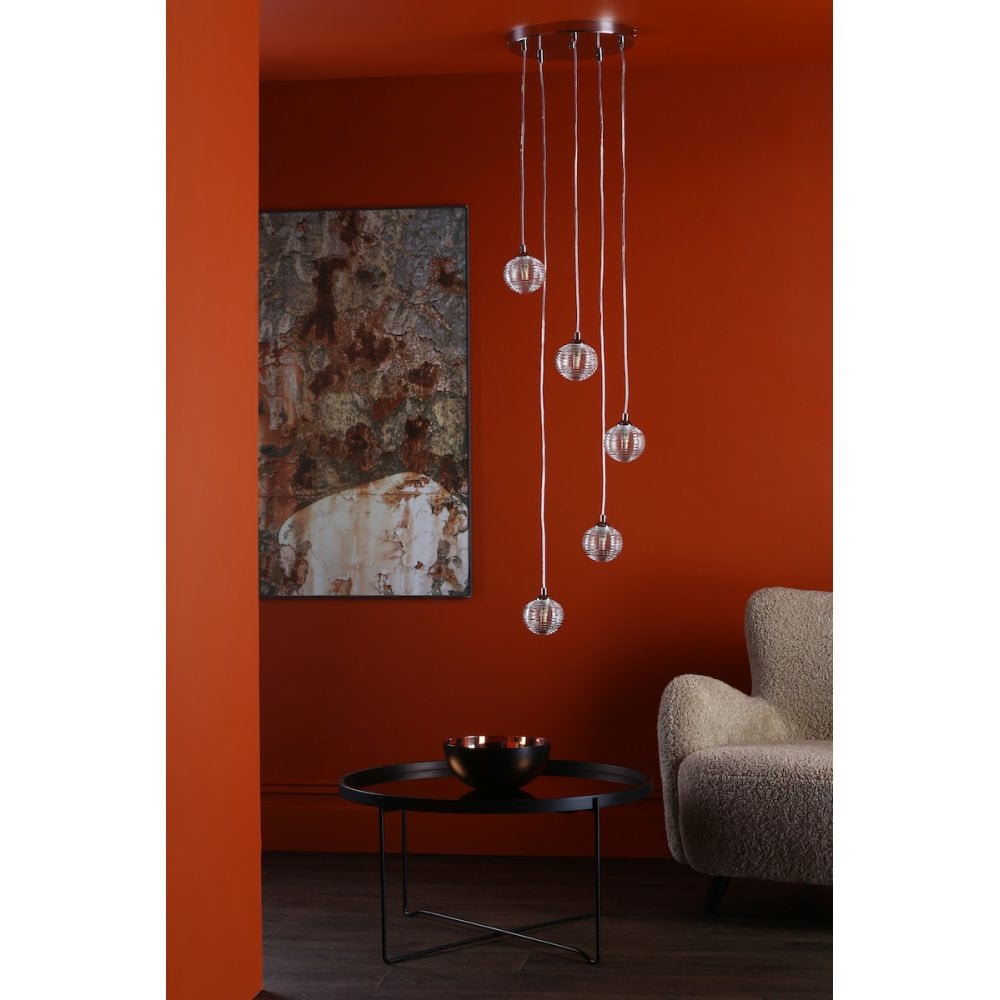 FED0550-08 Federico 5 Light Cluster Pendant Polished Chrome Clear Ribbed Glass