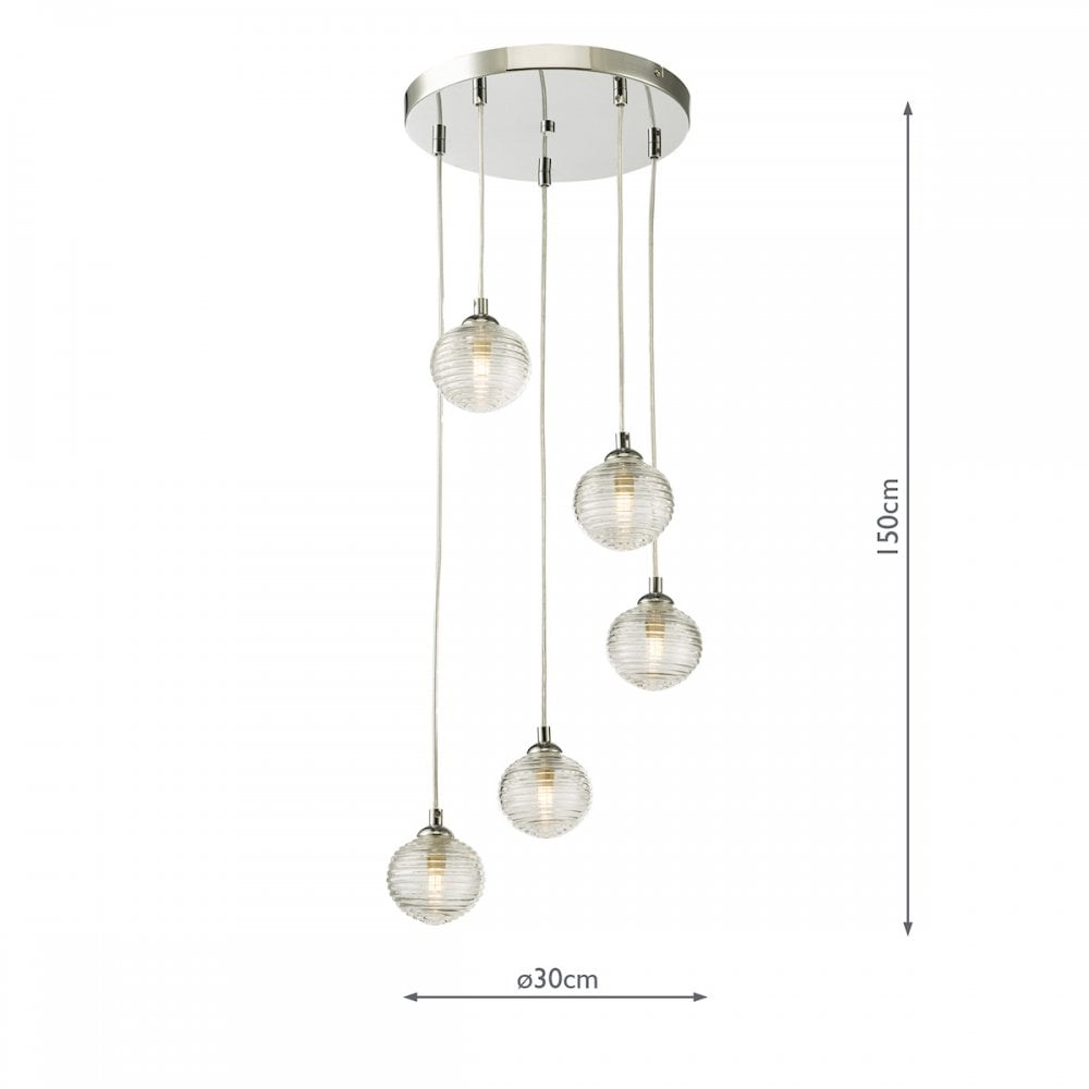 FED0550-08 Federico 5 Light Cluster Pendant Polished Chrome Clear Ribbed Glass