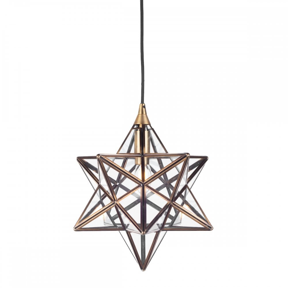 1 Light Star Pendant Antique Brass Glass Small